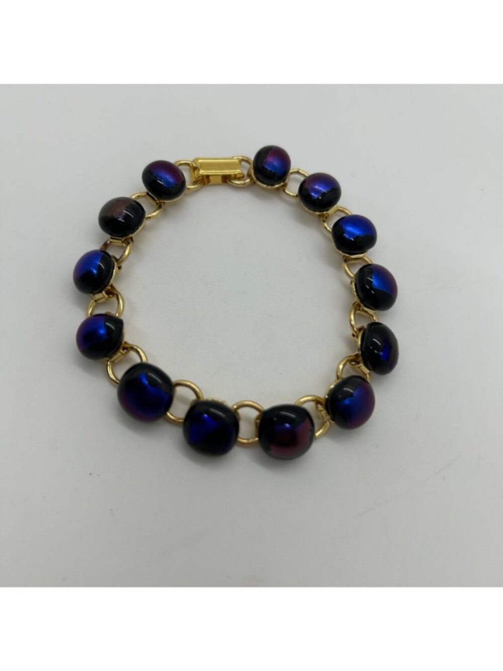 Vintage Gold-Tone Bracelet With Iridescent Dichroic Glass Beads Blue Purple - Picture 2 of 16